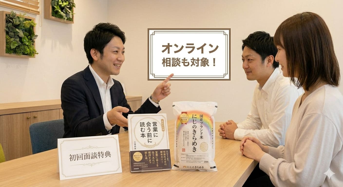 初回相談特典。特典①：非売品PDF『営業に会う前に読む本』。特典②：国産ブランド米「にじのきらめき」イメージ画