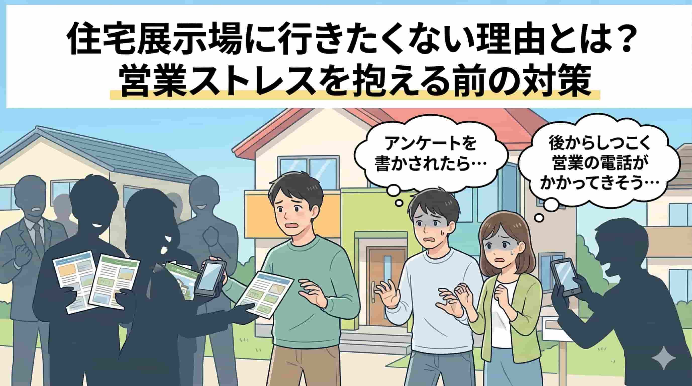 住宅展示場に行くとしつこく営業の電話がかかってくるかもしれないと不安な夫婦のイメージ画